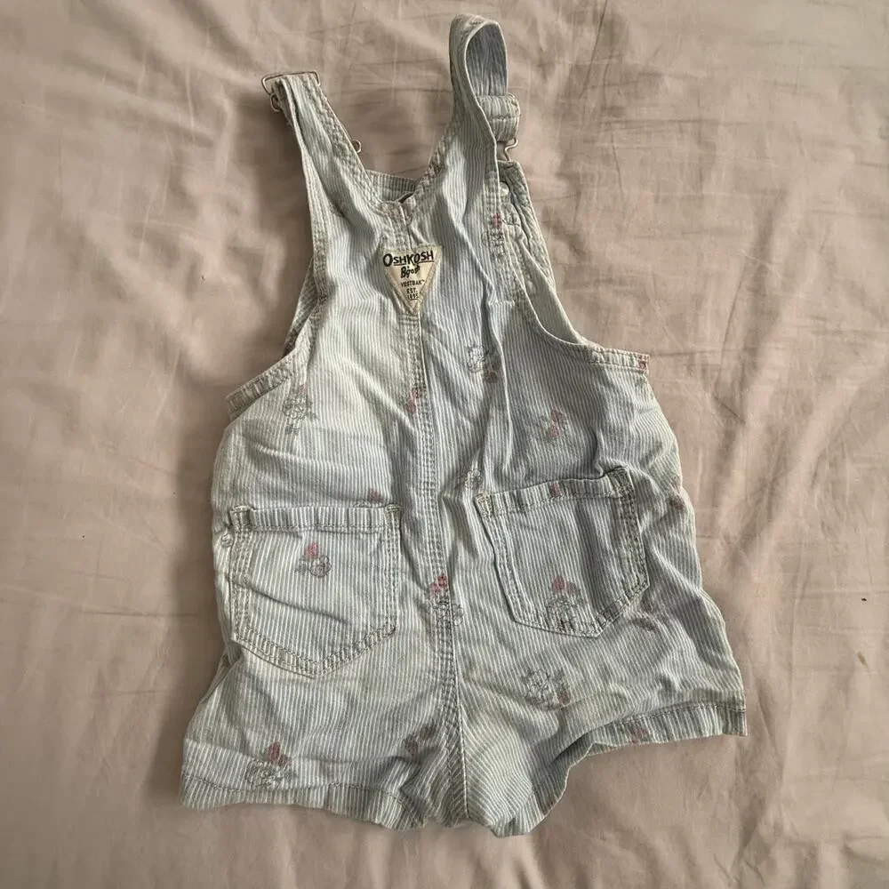 OshKosh Shortalls Overalls Girl 18 Months Light Blue Engineer Stripe Floral Pink